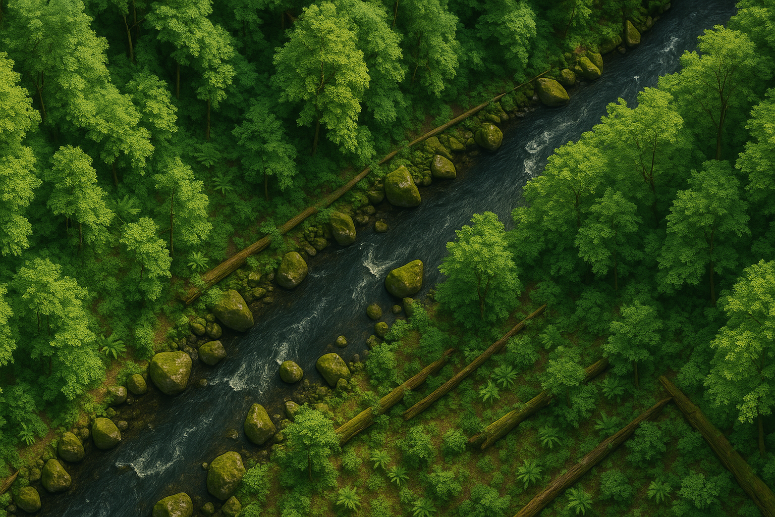make a deep forest with a river flowing, rocks and stufff from the top view as i want to use it as a banner background