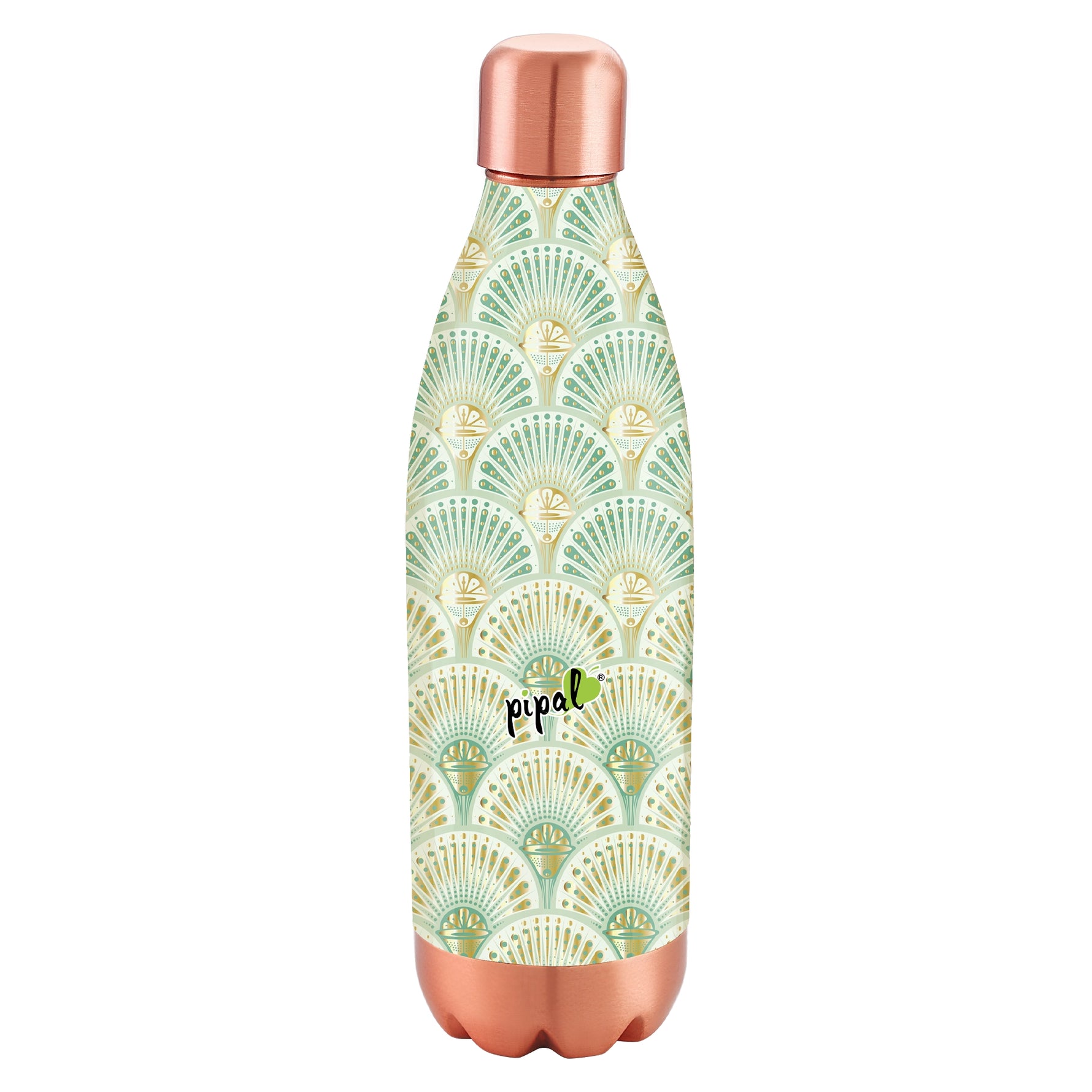 copper water bottle with green pattern and copper accents on a white background