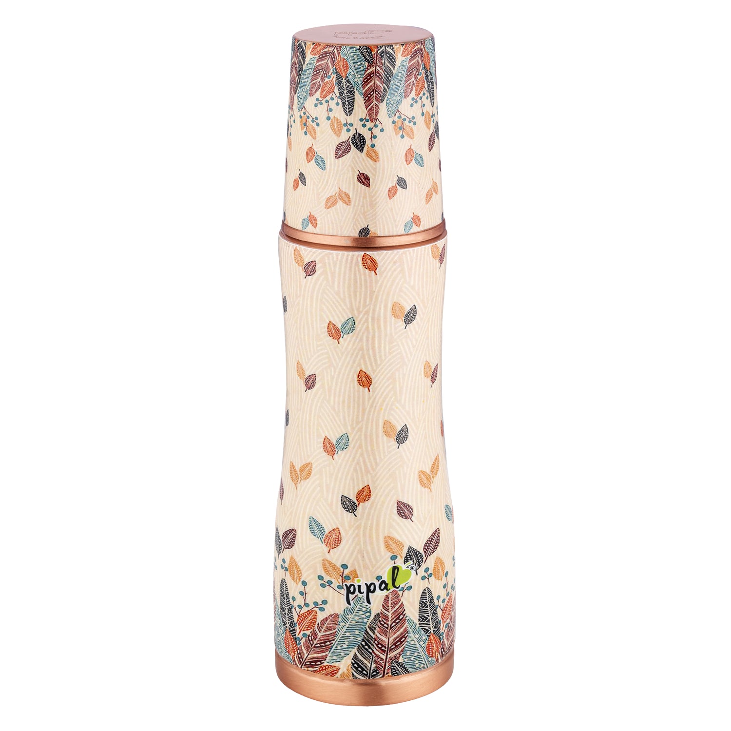 copper bottle with a tumbler and leaf pattern on a white background