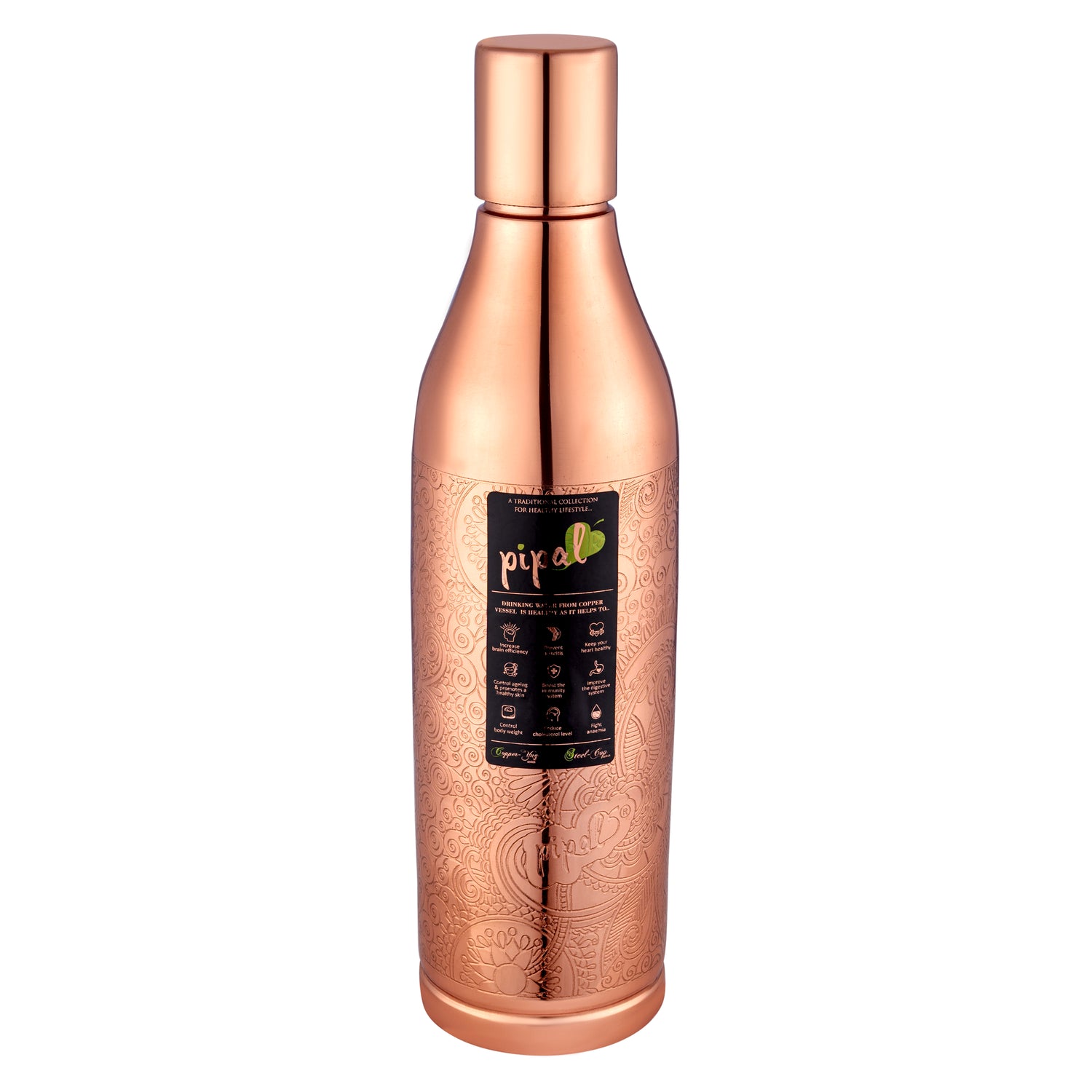 copper water bottle with carving and a label on a white background