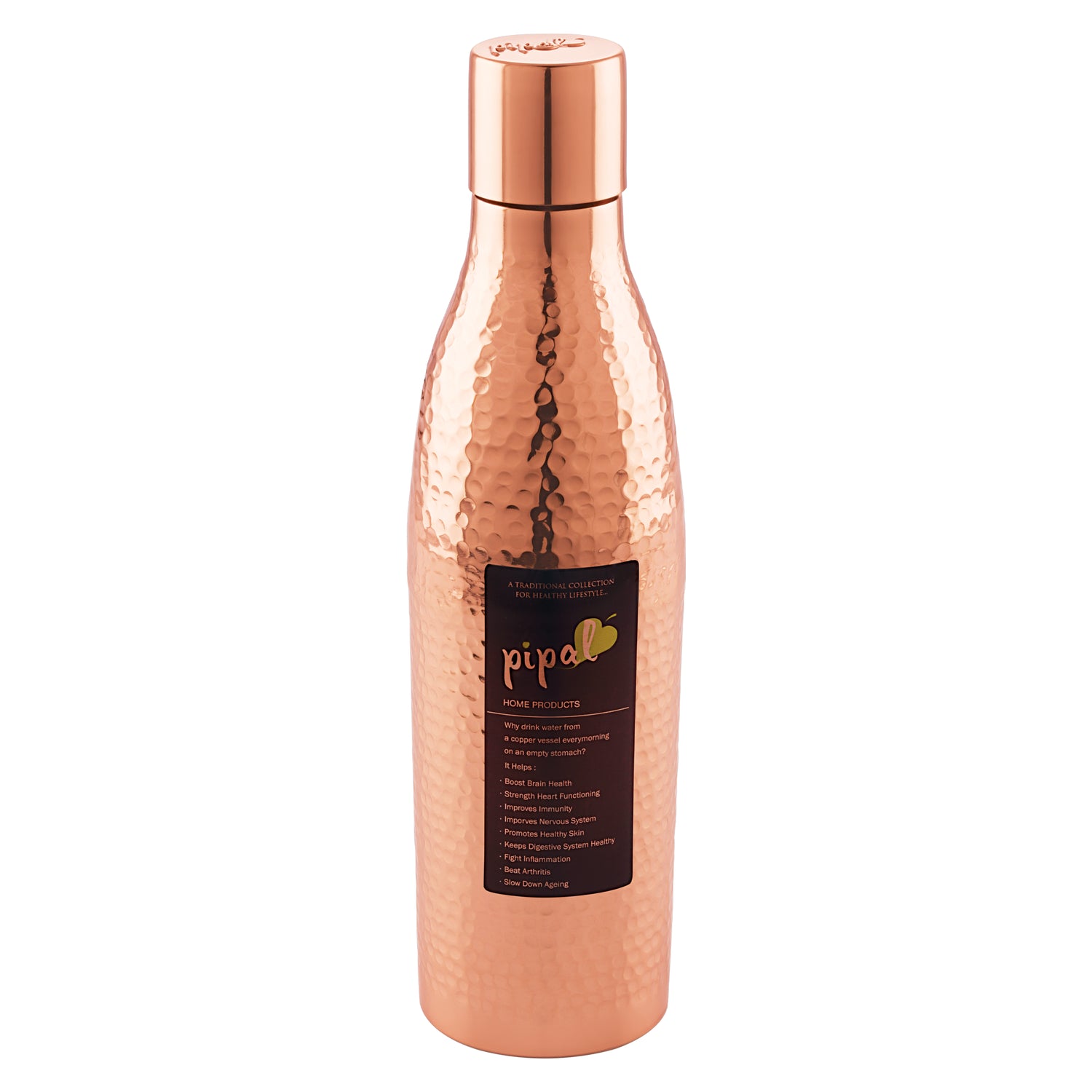 Copper bottle with hammer texture and a label on a white background