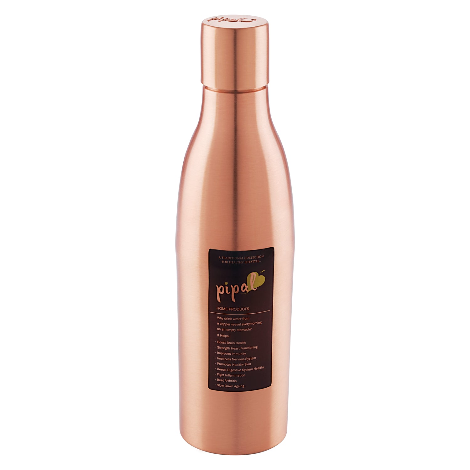 Copper water bottle with a label on a white background