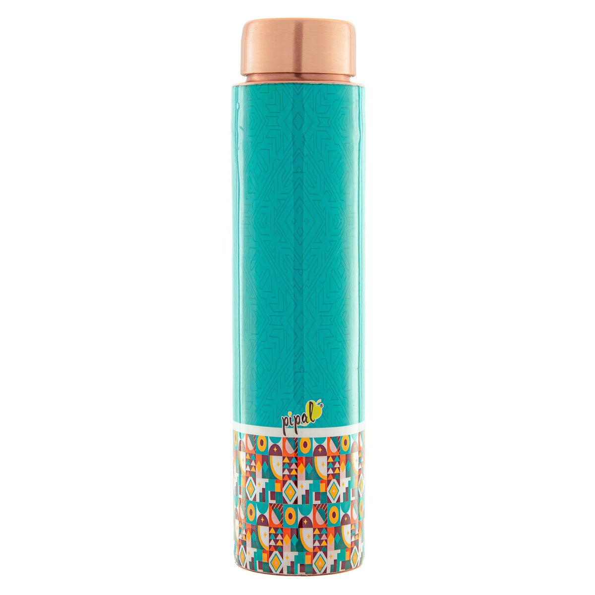 blue printed copper water bottle with geometrical print