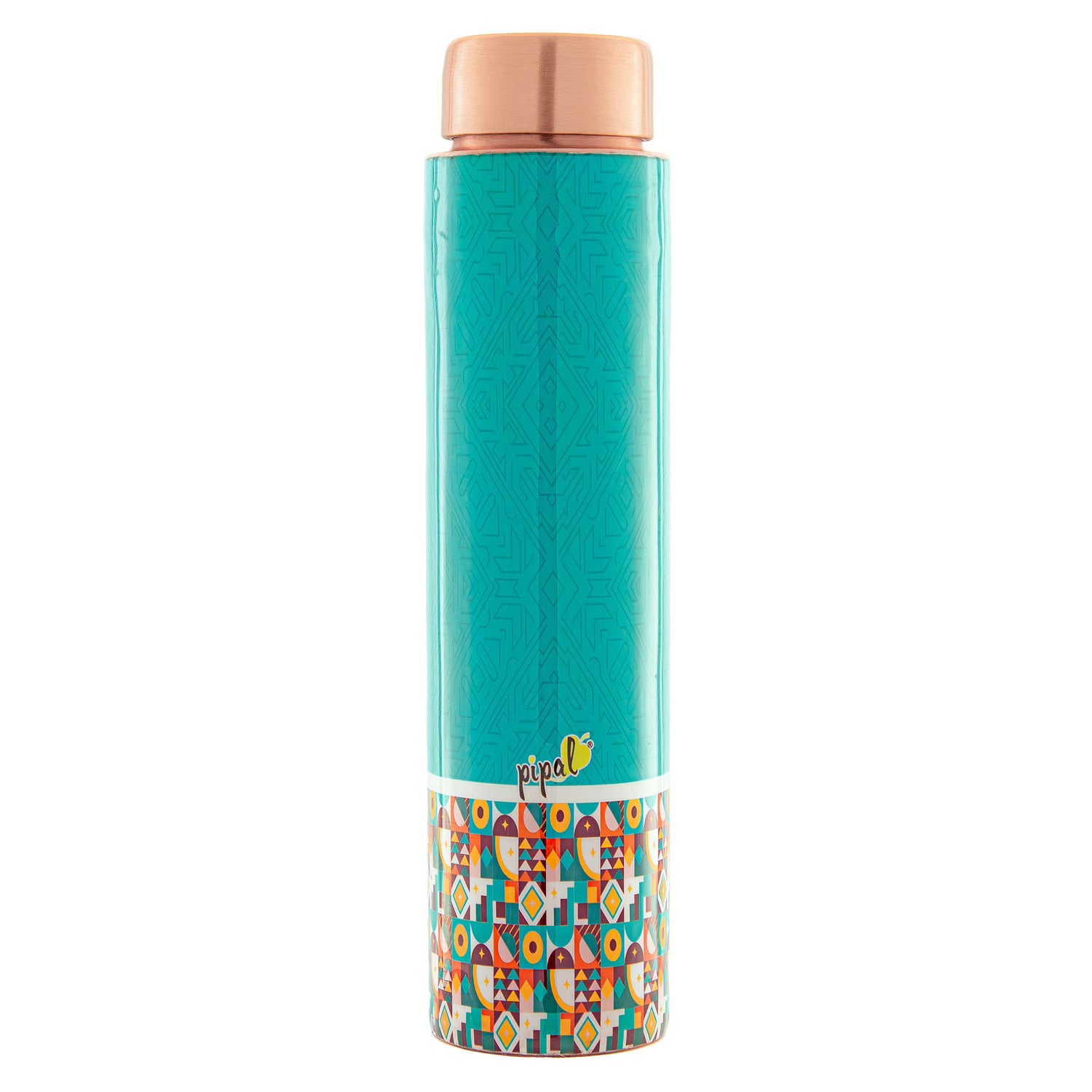 blue printed copper water bottle with geometrical print