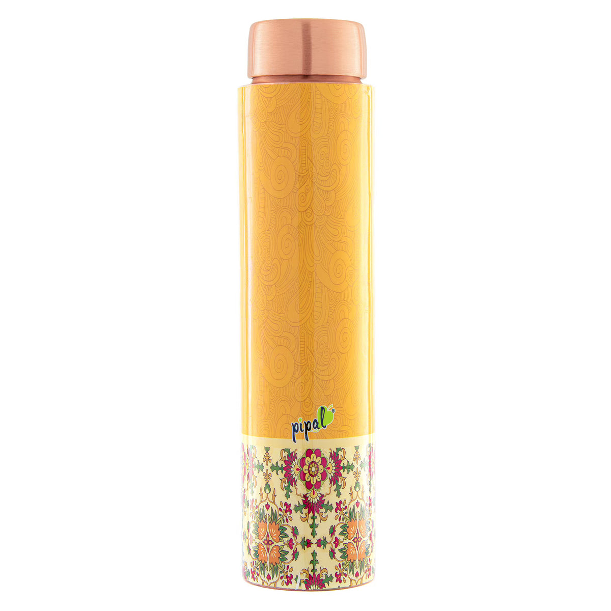 yellow printed copper water bottle with floral print