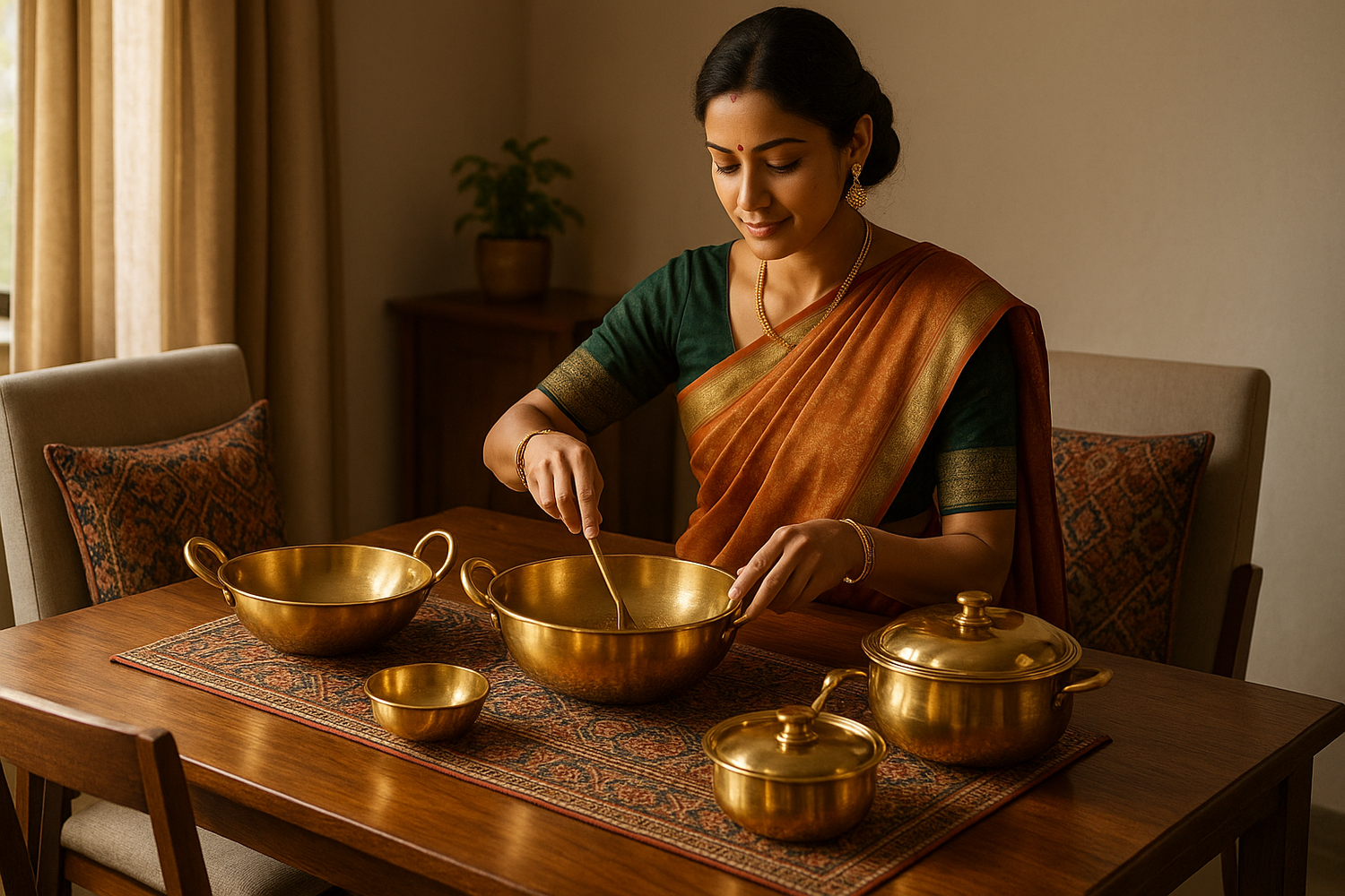 Brass Cookware wallpaper on a modern traditional dining table, Brass Kadhai, Brass Wok, Brass Sauce Pan , keep it aesthetic, with an indian female cooking in a brass cookware