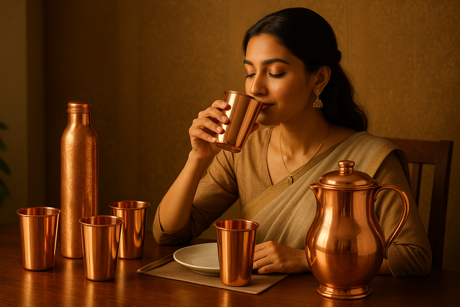 Copper Drinkware wallpaper on a modern traditional dining table, copper glasses, copper bottle, copper jug, keep it aesthetic, with an indian female drinking from a copper glass