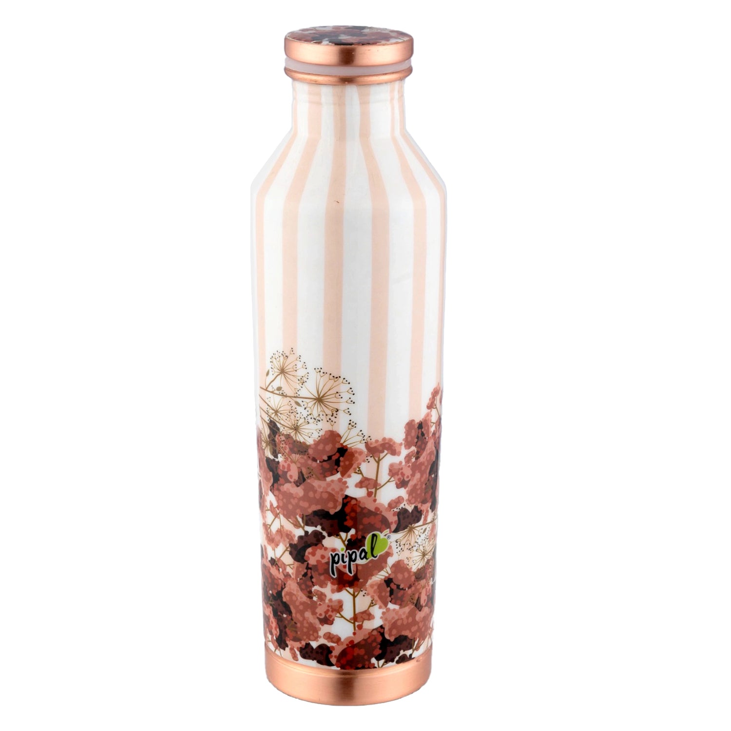 Bottle with floral design and rose gold accents on a white background