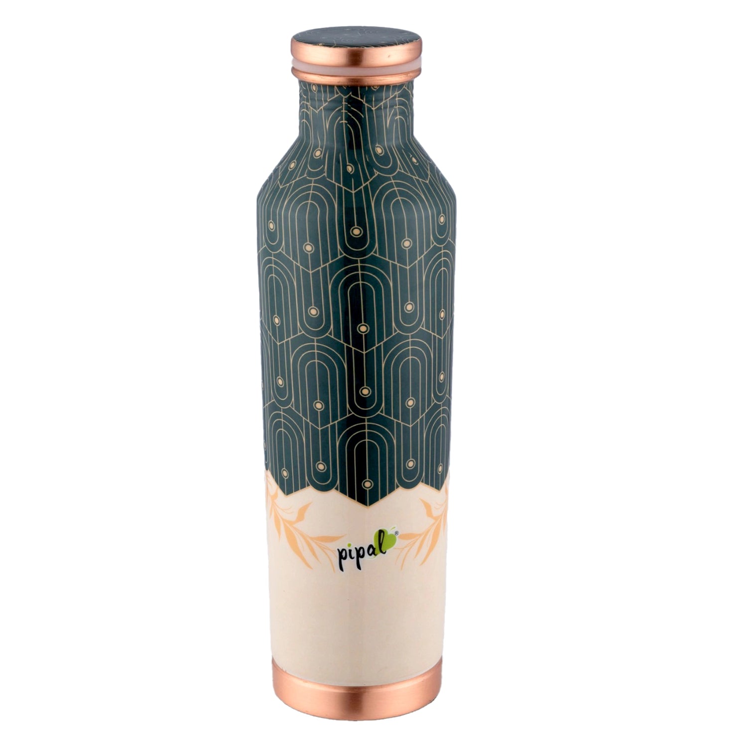 copper bottle with geometric pattern and 'pipal' branding on a white background