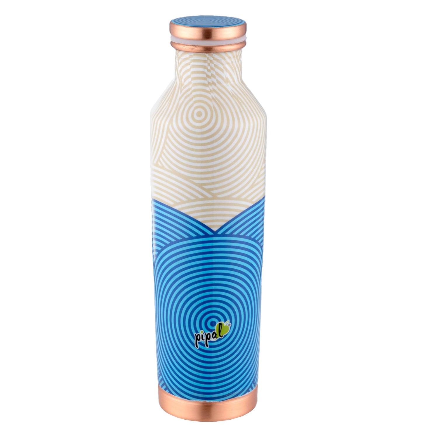 Blue and white patterned copper water bottle with copper cap on a white background