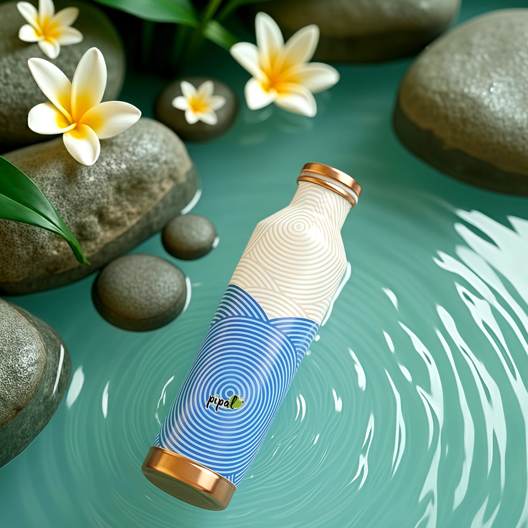 Blue and white patterned copper bottle with copper cap on a water surface with stones and flowers