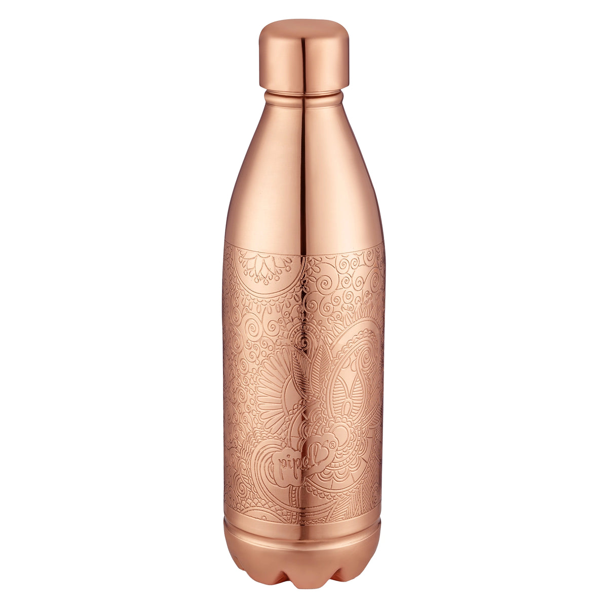 pipal atlas copper bottle with intricate carving pattern on a white background