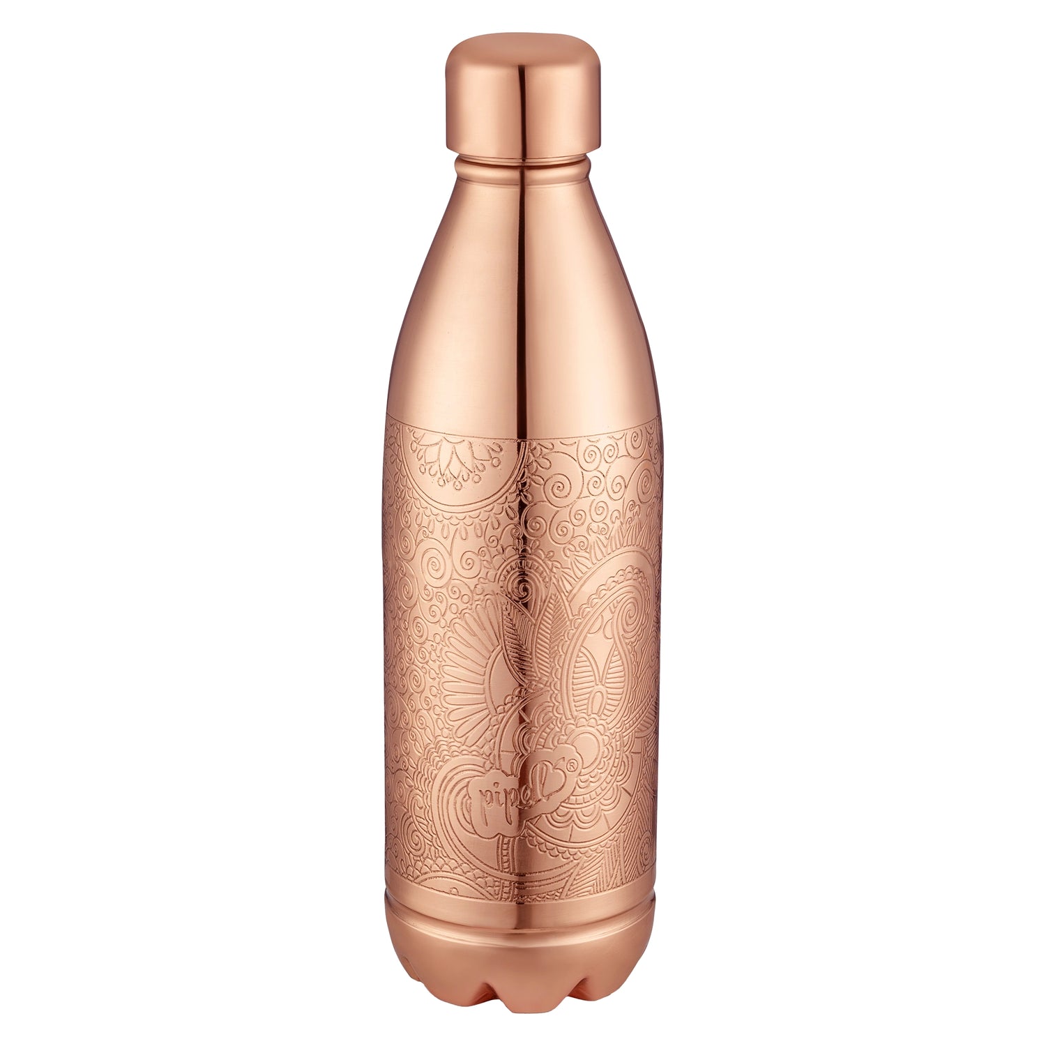 pipal atlas copper bottle with intricate carving pattern on a white background
