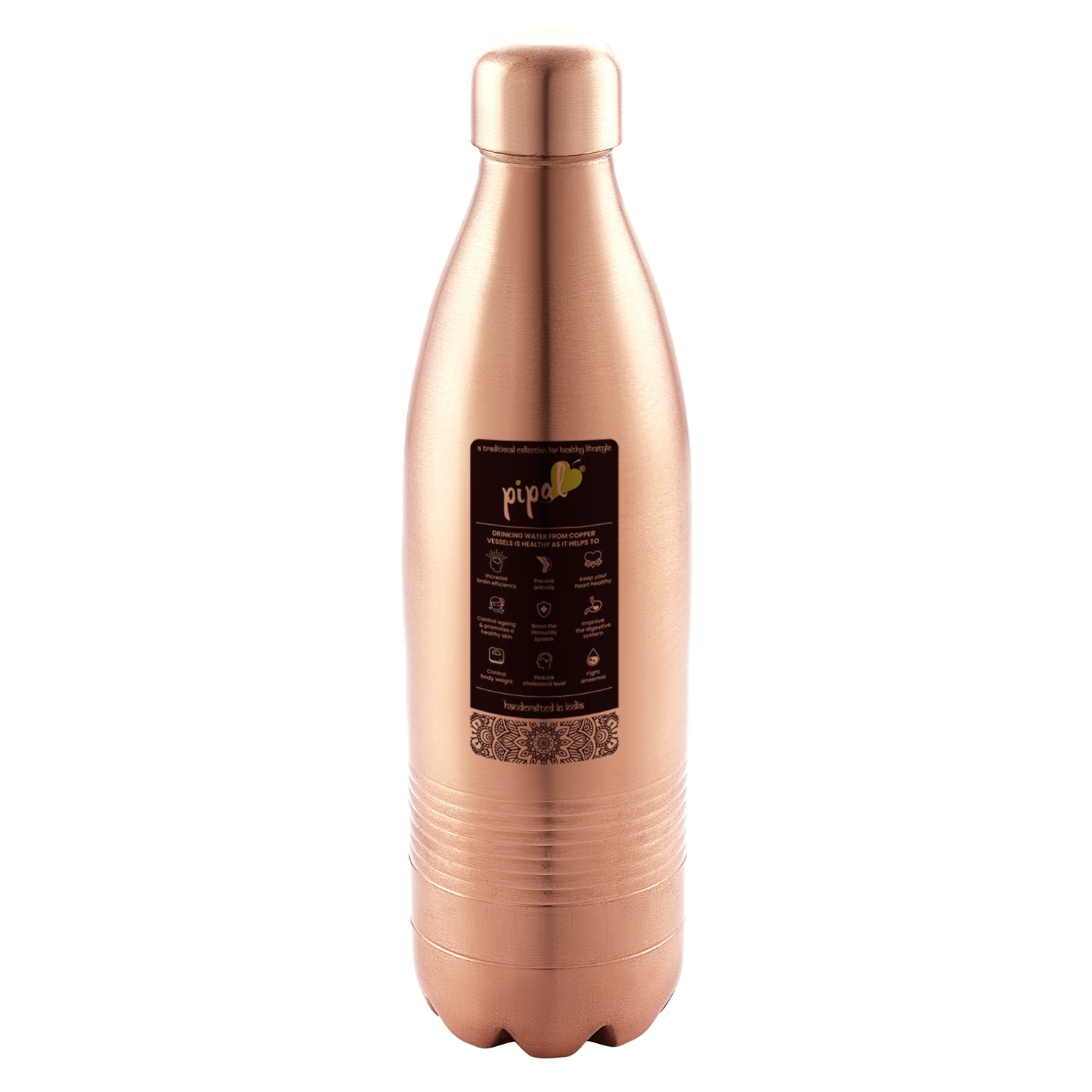 pipal atlas copper water bottle with a label on a white background