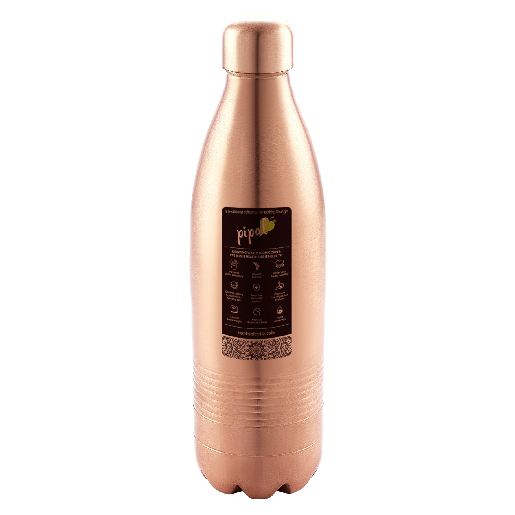 pipal atlas copper water bottle with a label on a white background