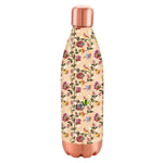 Floral-patterned copper water bottle with copper cap and base on a white background