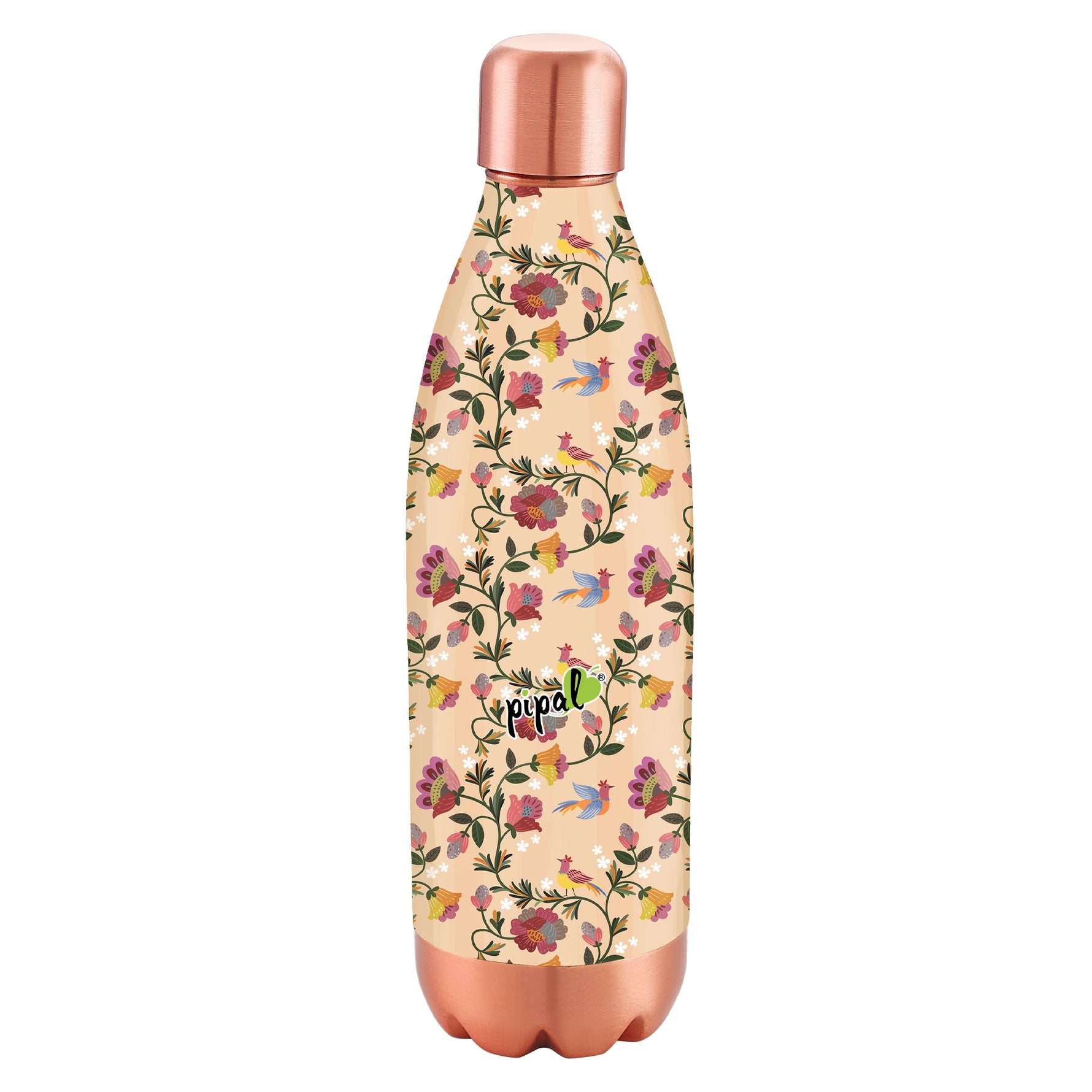 Floral-patterned copper water bottle with copper cap and base on a white background