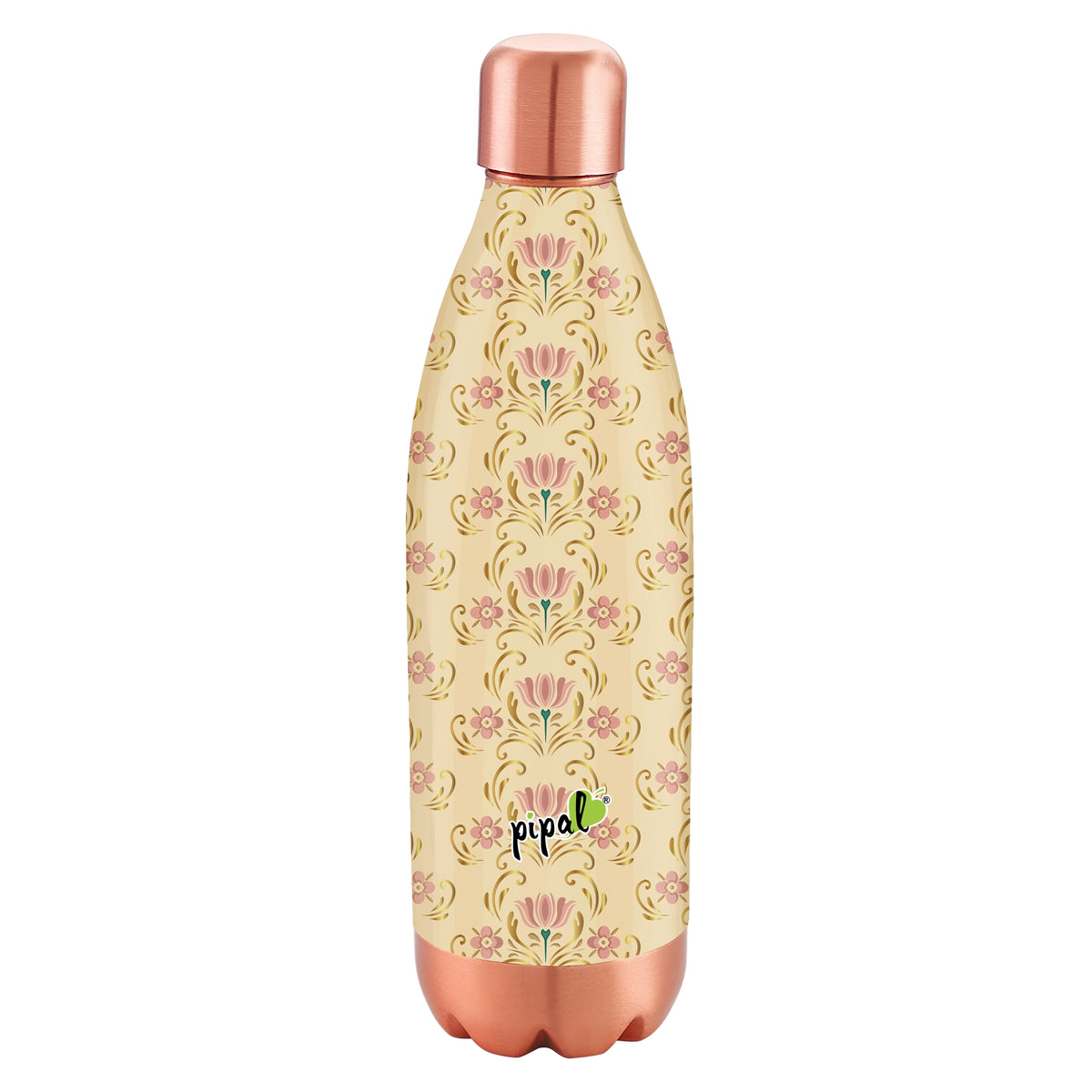 Lotus printed copper bottle with copper cap and base on a white background