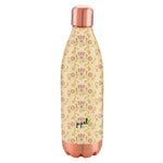 Lotus printed copper bottle with copper cap and base on a white background