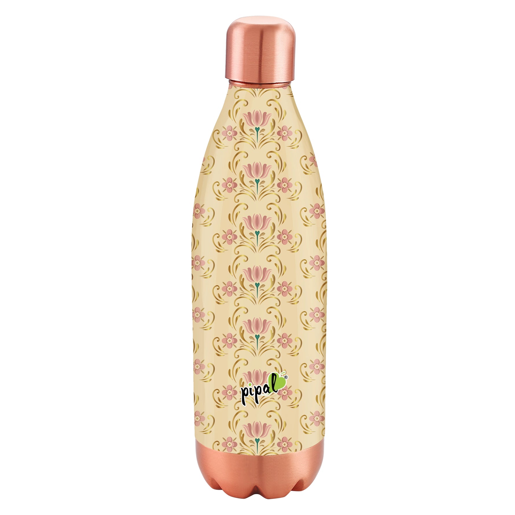 Lotus printed copper bottle with copper cap and base on a white background