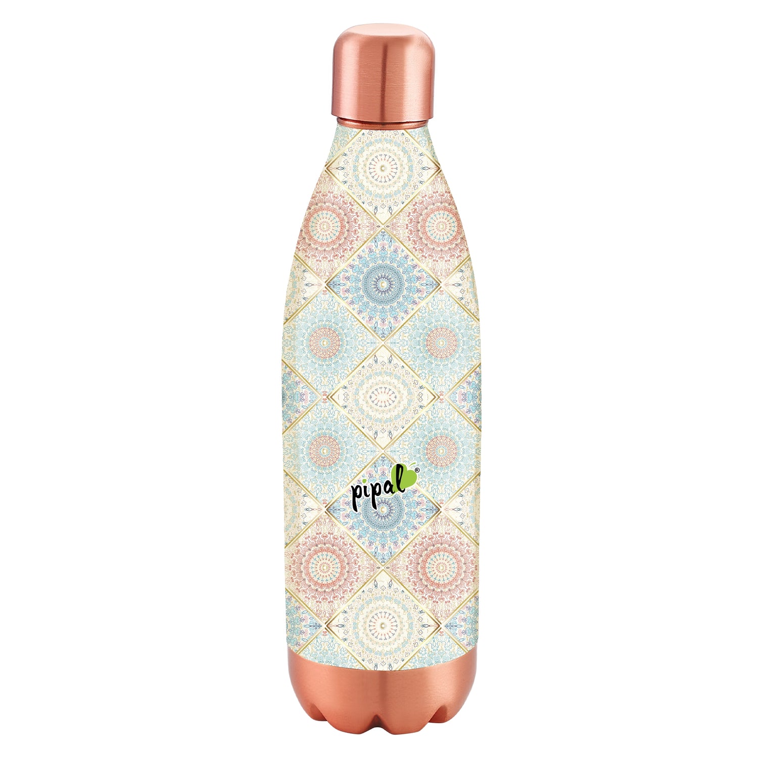 Mandala Printed bottle with gold lines on copper bottle on a white background