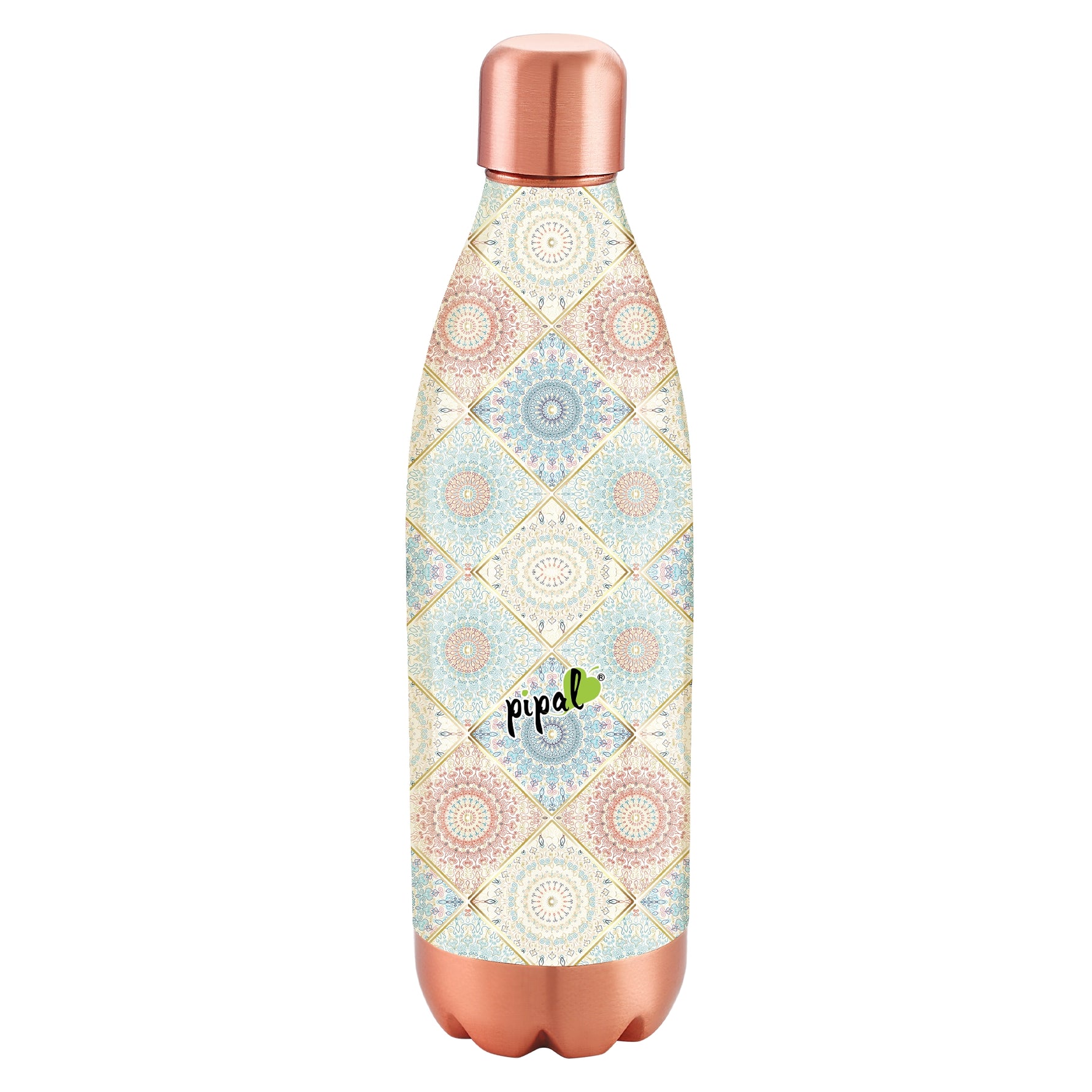 Mandala Printed bottle with gold lines on copper bottle on a white background