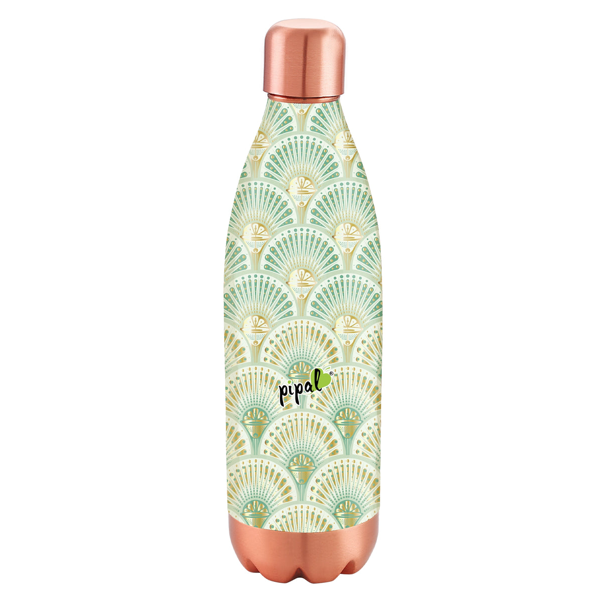 copper water bottle with green pattern and copper accents on a white background