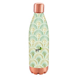 copper water bottle with green pattern and copper accents on a white background