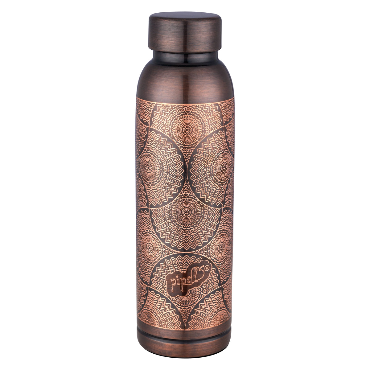 Copper water bottle with antique finish and intricate patterns
