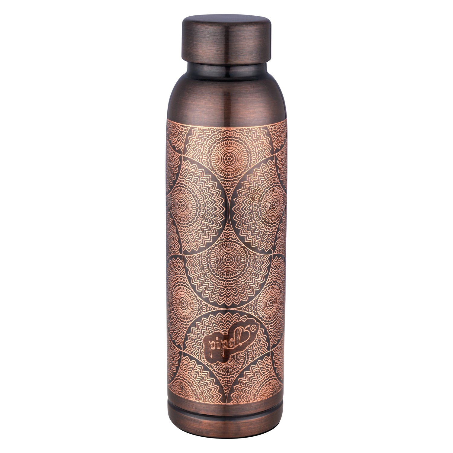 Copper water bottle with antique finish and intricate patterns