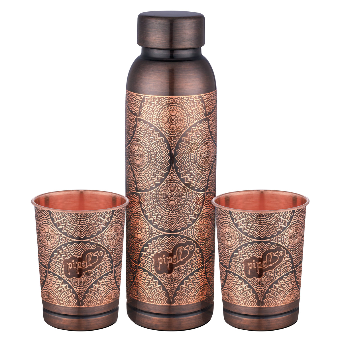 Copper-themed water bottle and two cups with intricate patterns on a white background