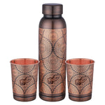 Copper-themed water bottle and two cups with intricate patterns on a white background