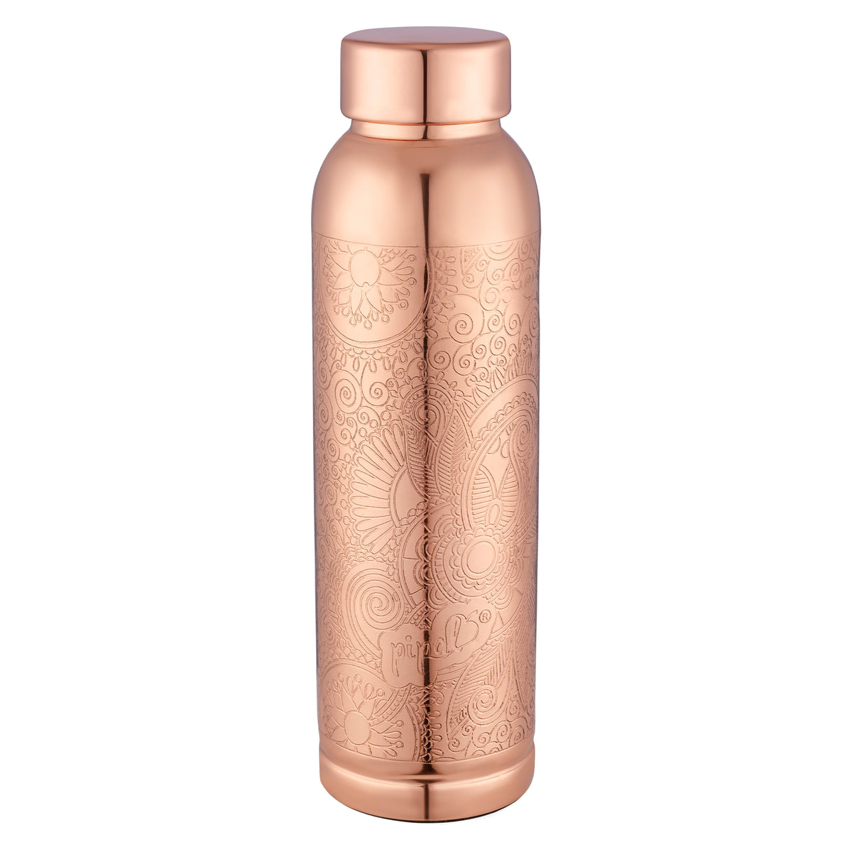 copper water bottle with intricate patterns on a white background