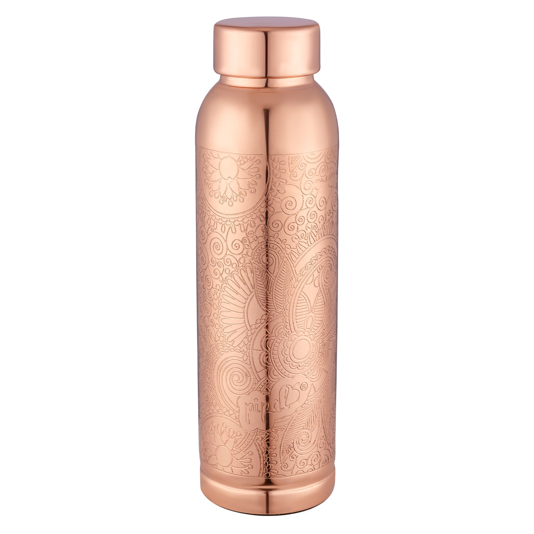 copper water bottle with intricate patterns on a white background