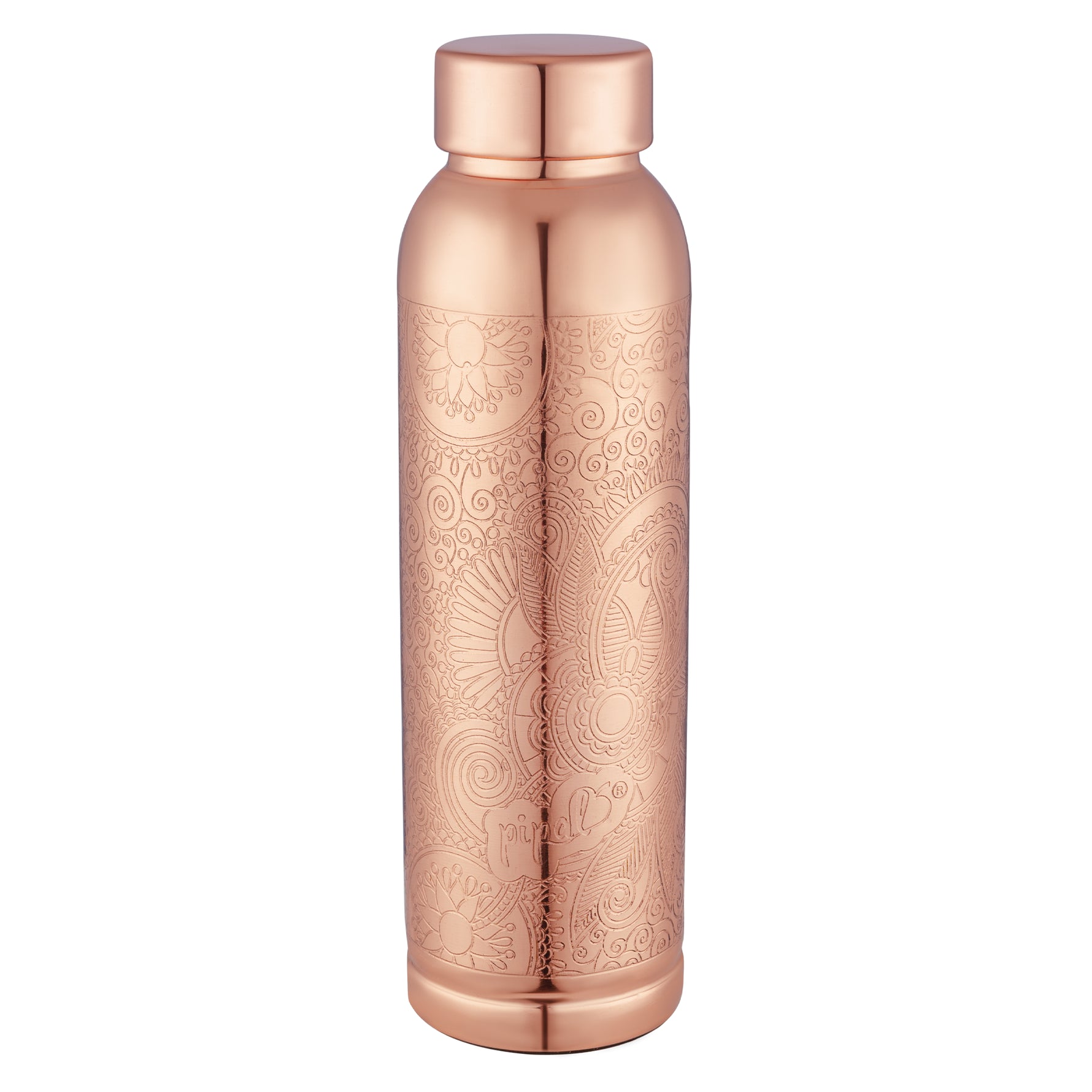 Copper water bottle with intricate patterns on a white background