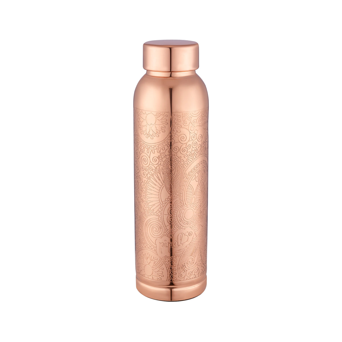 Copper water bottle with intricate patterns on a white background