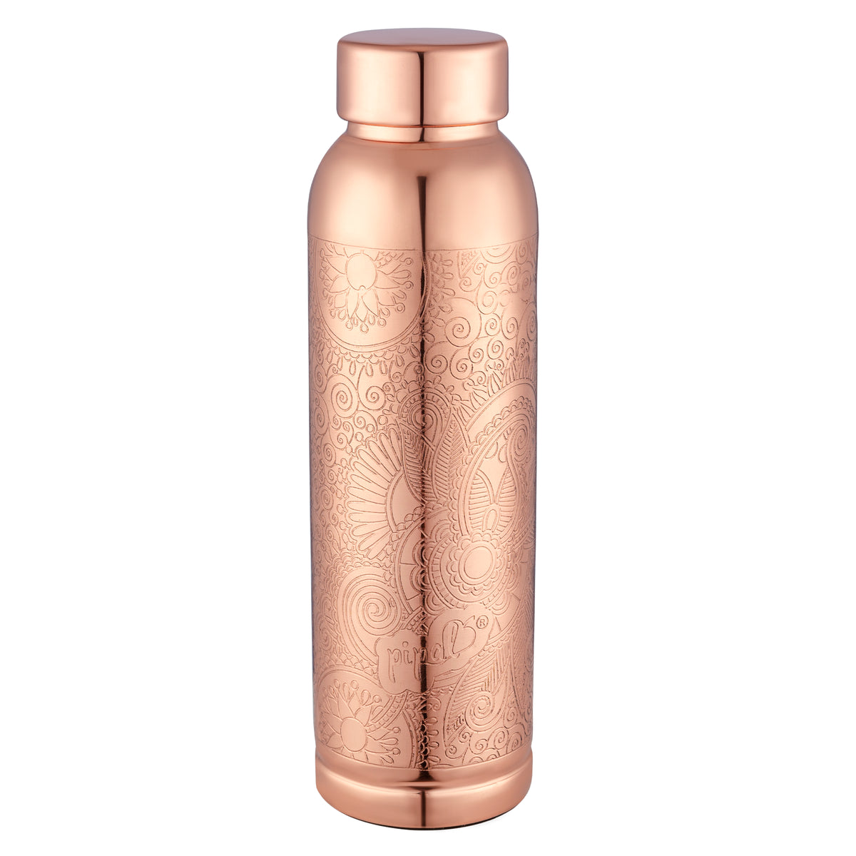 Pipal 1000ml copper water bottle with traditional floral engraving