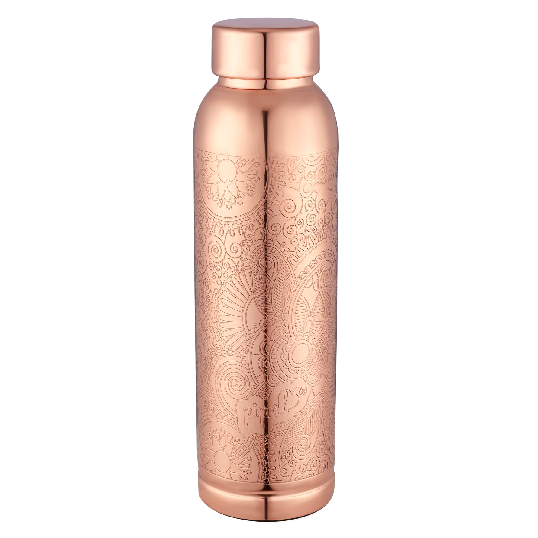 Pipal 1000ml copper water bottle with traditional floral engraving