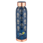Blue and gold pattern copper water bottle with copper cap and base
