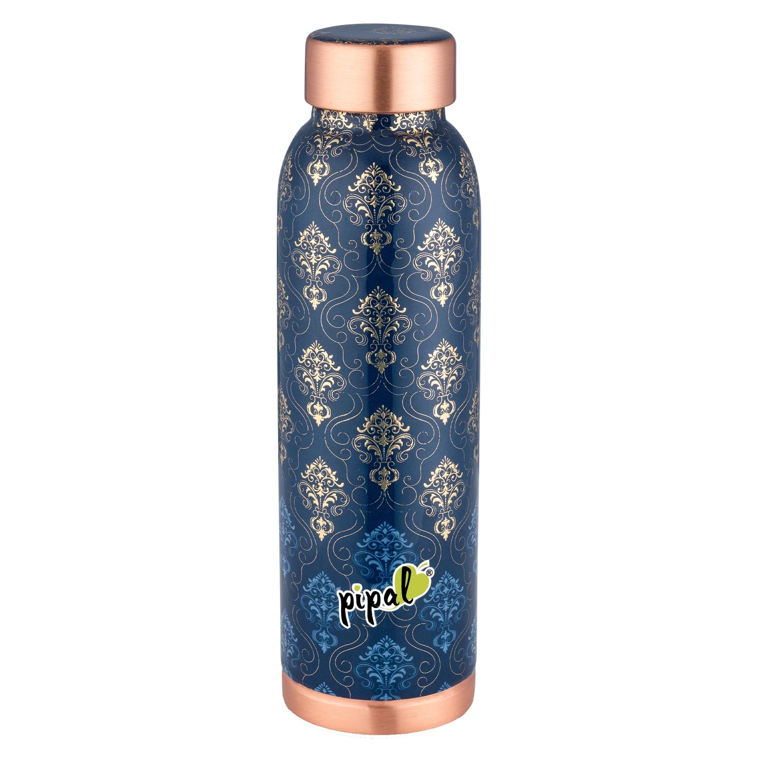 Blue and gold pattern copper water bottle with copper cap and base