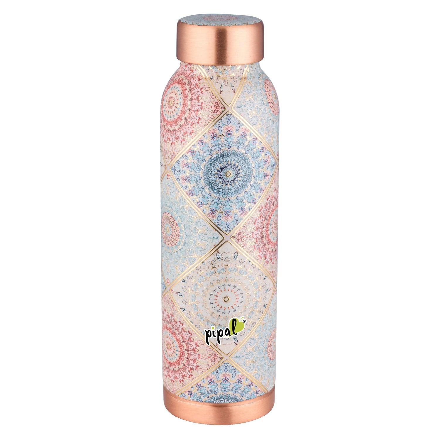 Colorful patterned copper water bottle with copper cap on a white background