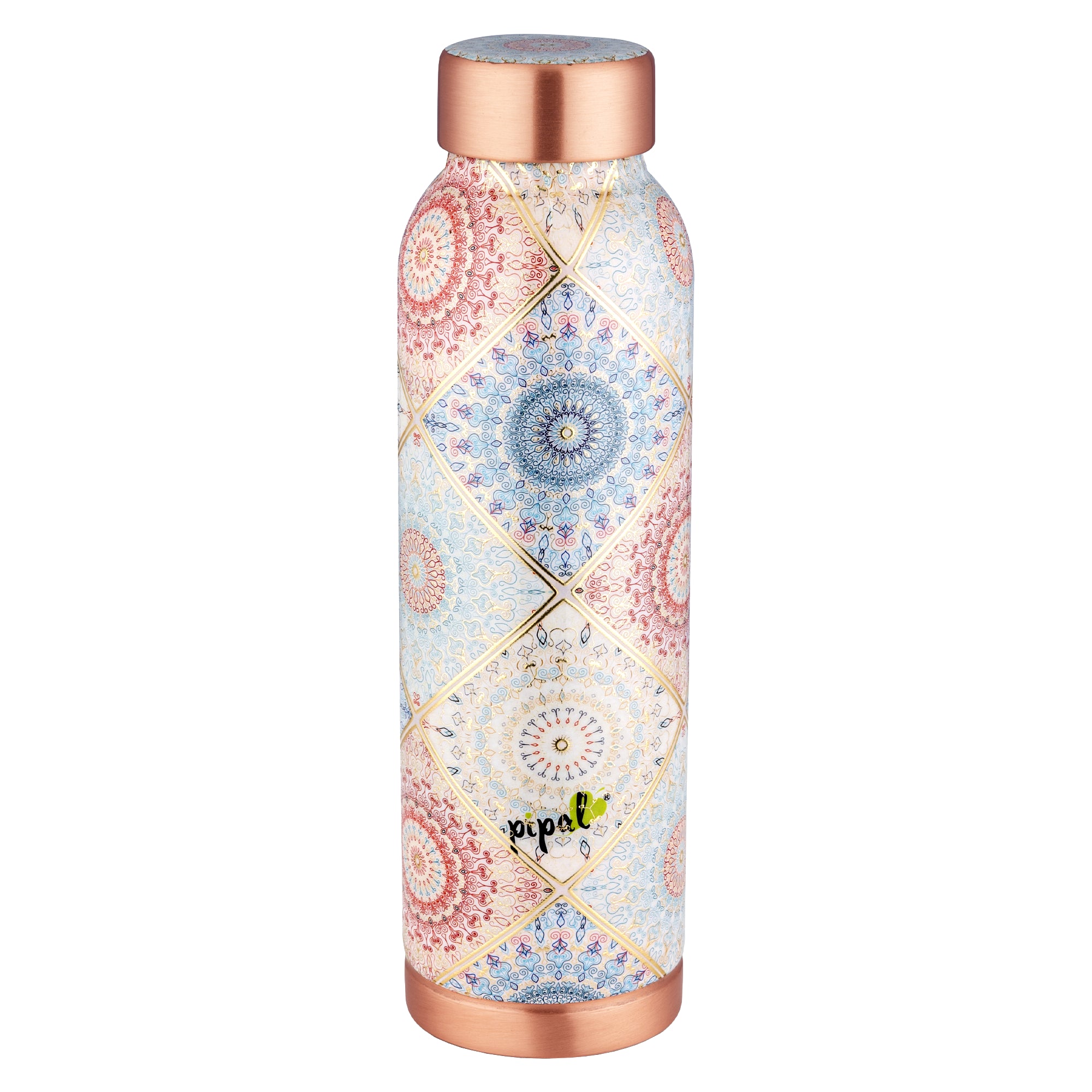 Pipal 1000ml copper bottle with mandala print and gold stamping details