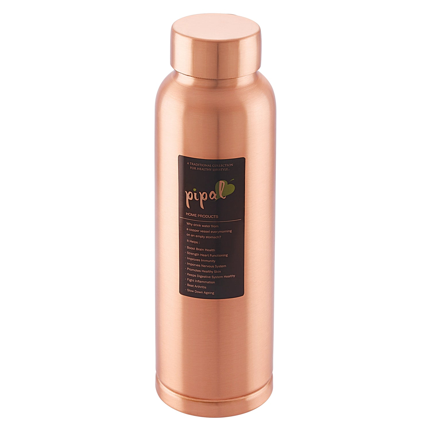 Copper water bottle with a label on a white background