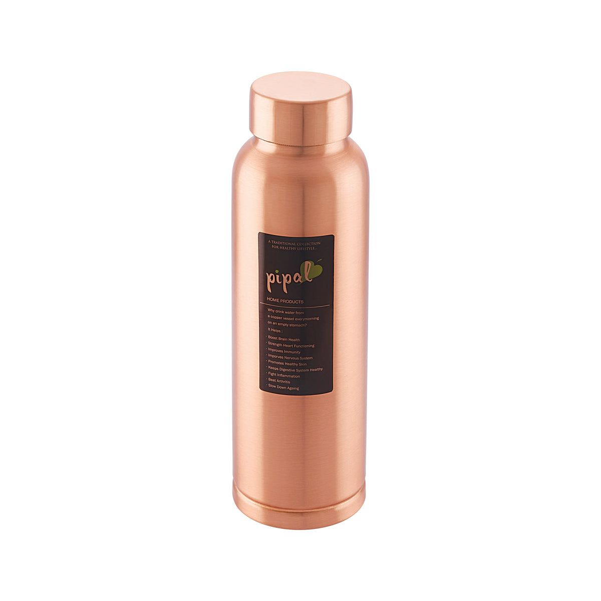 Copper water bottle with a label on a white background