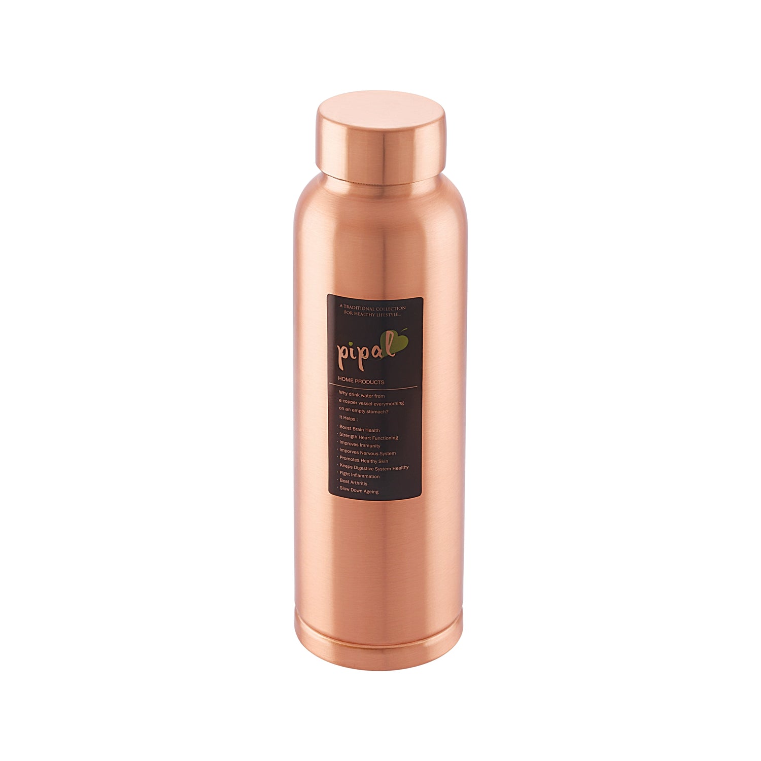 Copper water bottle with a label on a white background