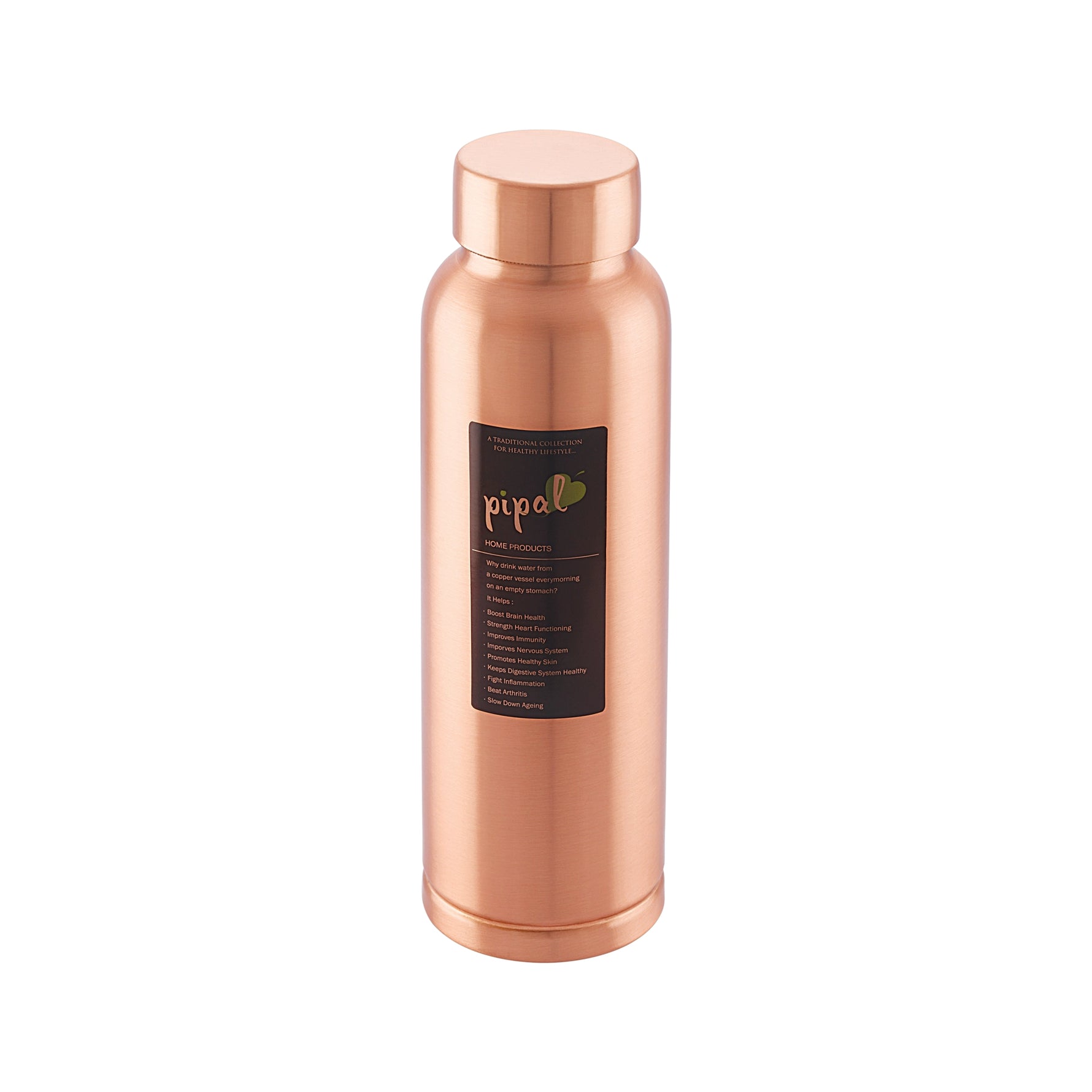 Copper water bottle with a label on a white background