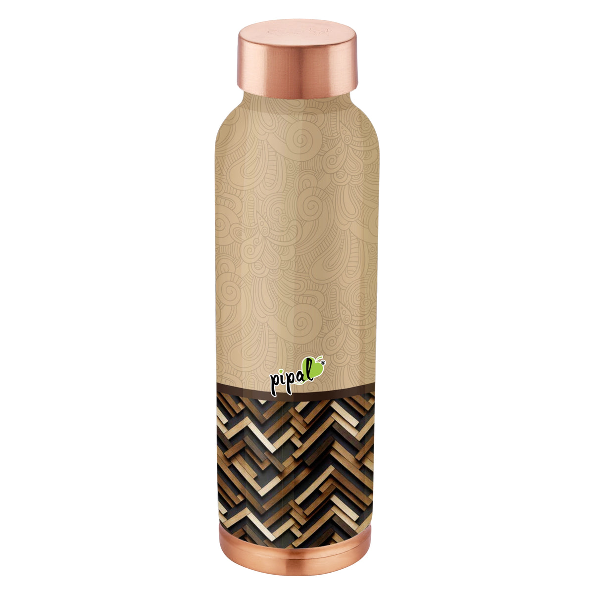 Beige copper water bottle with wooden and copper cap on a white background