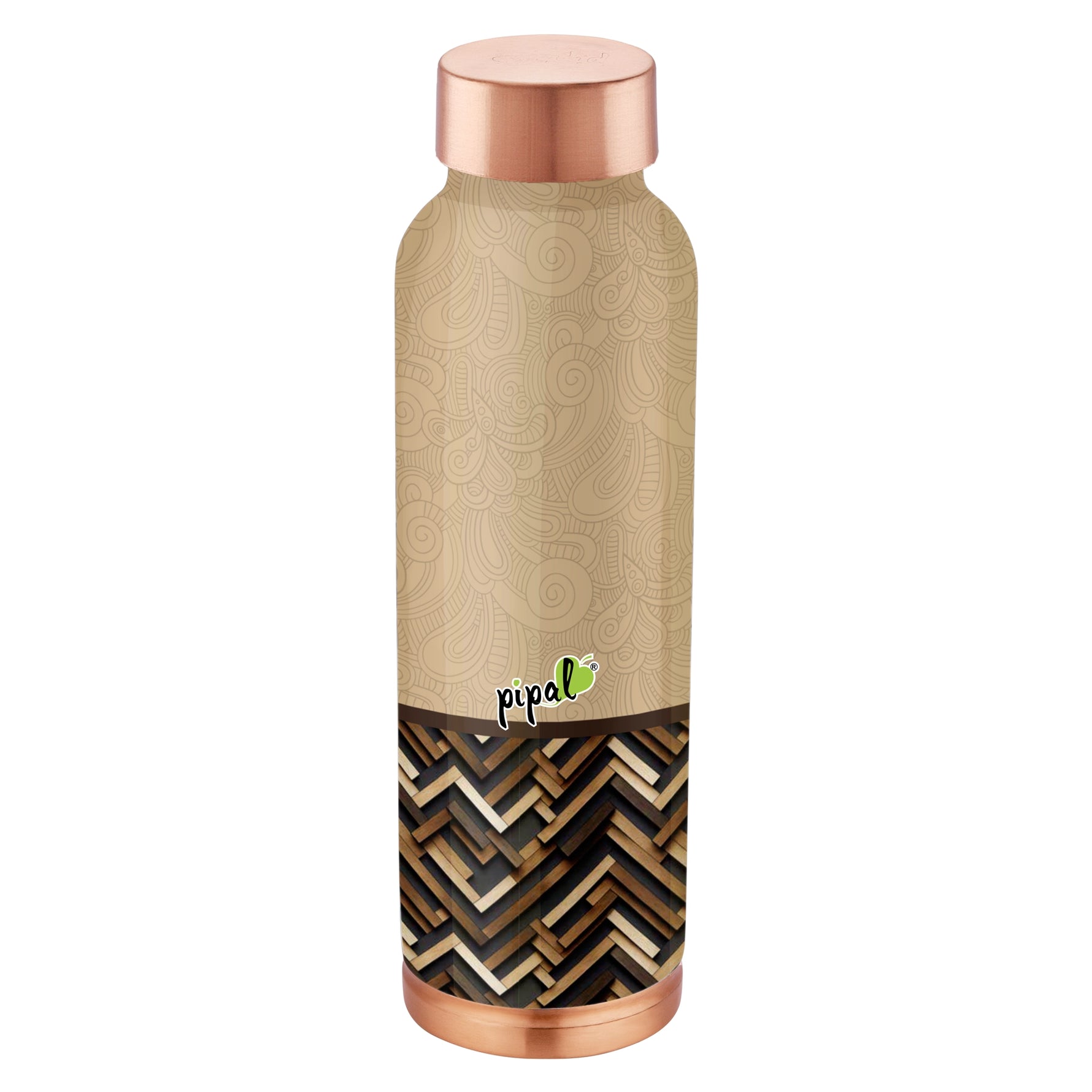 Beige copper water bottle with wooden and copper cap on a white background