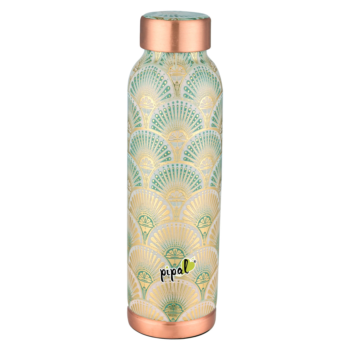 copper water bottle with shell pattern and rose gold cap on a white background