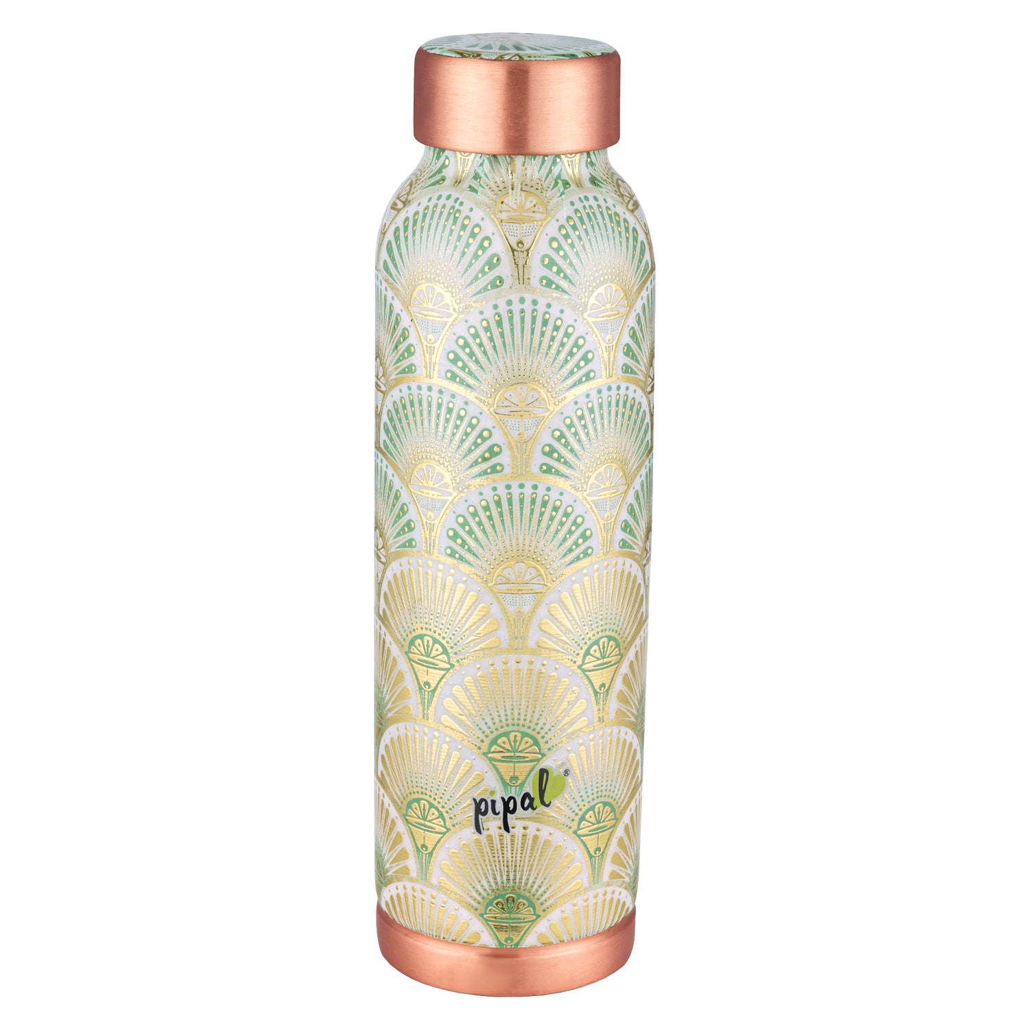 Pipal 1000ml copper bottle with peacock feather print and gold stamping